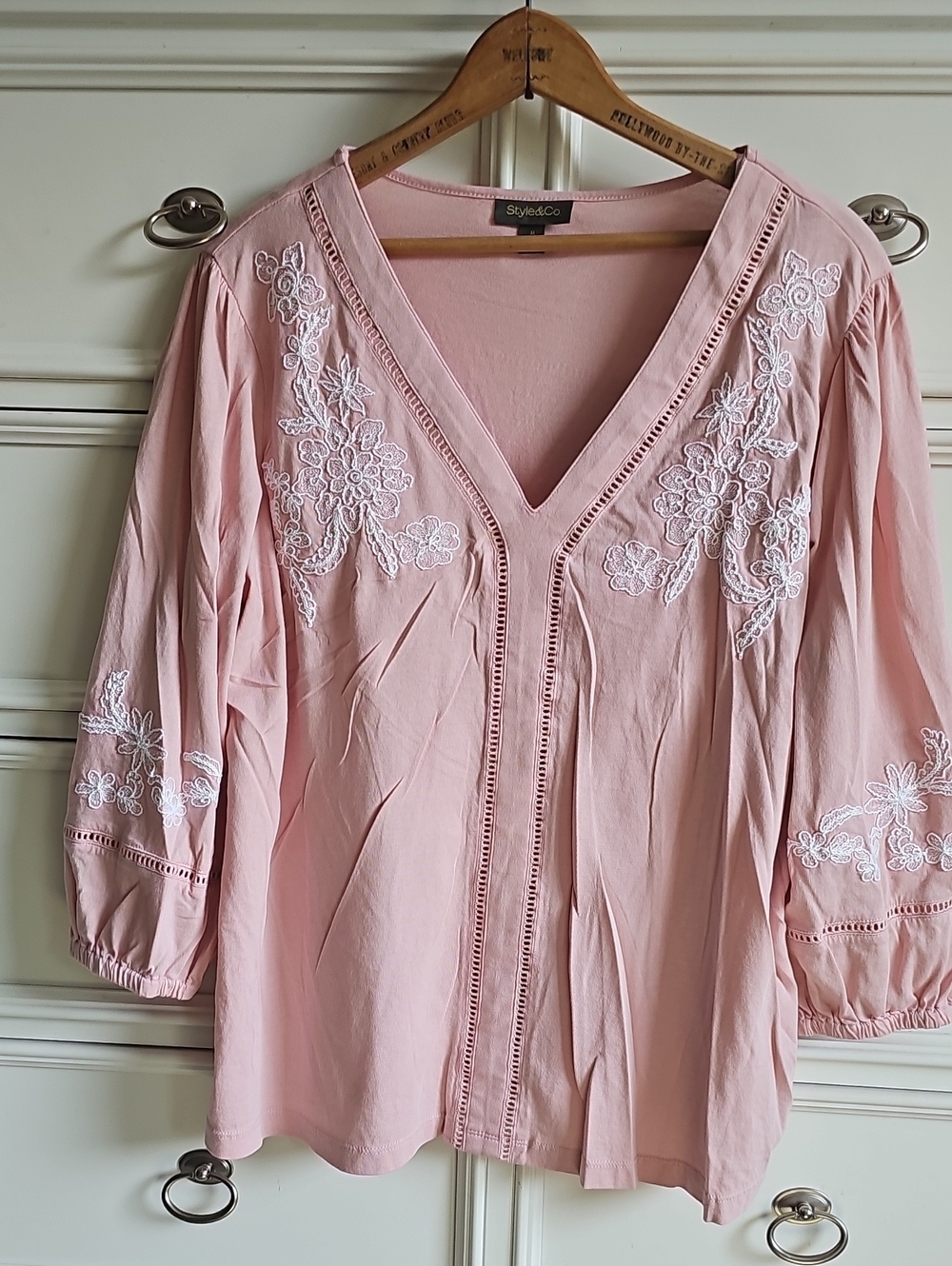 Style & Co. Pink Embroidered V-Neck Women's Top